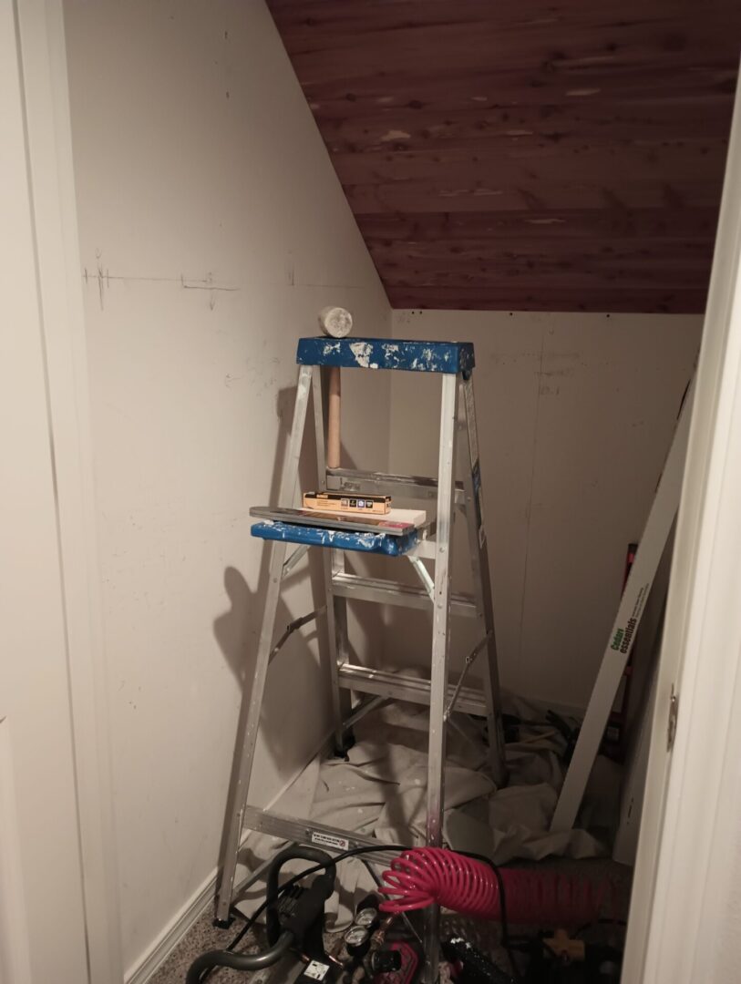 A ladder in the corner of an unfinished room.